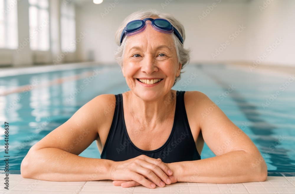 Active senior woman celebrating life at swimming pool indoor recreation bright and inviting environment joyful perspective embracing wellness