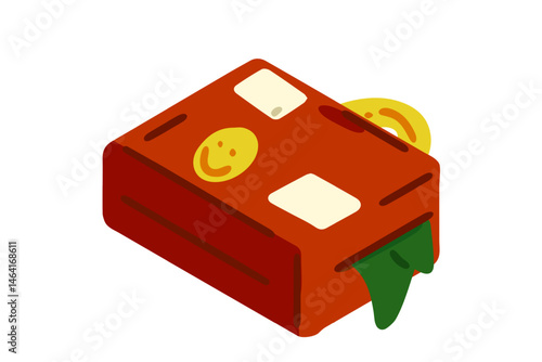 Cartoon Travel Suitcase with Stickers. Cartoon travel suitcase with stickers depicted in a playful flat style. Red luggage with smiley and tag stickers, isolated on white.