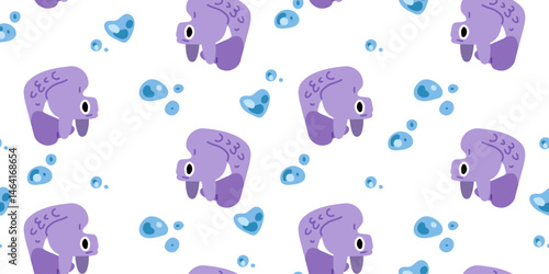 Seamless Cute Purple Fish Pattern. Seamless cute purple fish pattern with cartoon-style fish and bubbles. Playful and simple flat design on a white background.