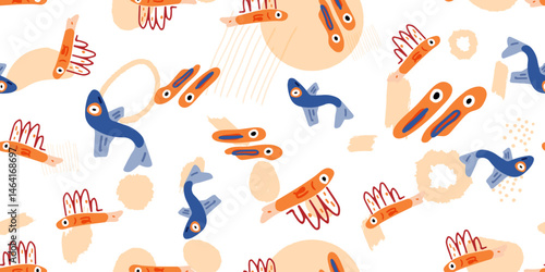 Seamless Abstract Doodle Fish Pattern. Seamless abstract doodle fish pattern with quirky fish shapes and playful textures. Modern cartoon style on a white background.