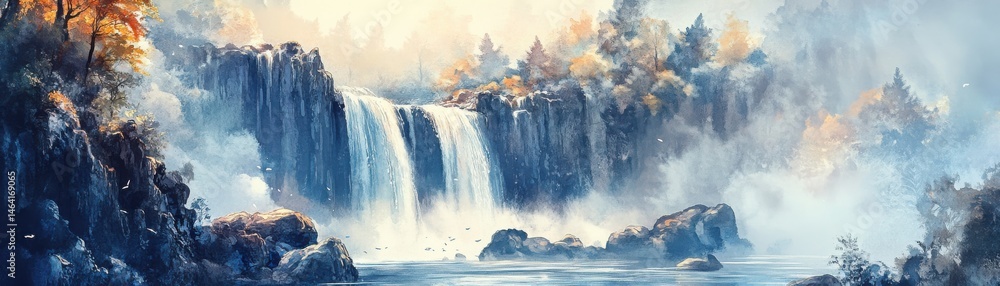 A majestic waterfall cascades into a misty river, surrounded by vibrant autumn trees and rocky cliffs under soft sunlight.