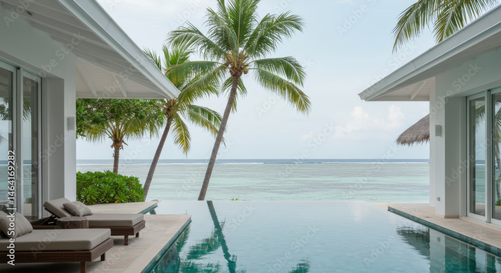 Fototapeta premium Serene vacation retreat woman enjoying scenic ocean view from private villa pool maldives travel photography tropical paradise relaxation