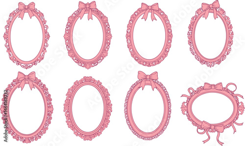 Cute ribbon frame set, vector hand drawn doodle border, pink bow line illustration, minimal design. Romantic wedding celebration decor, coquettish wavy oval banner.