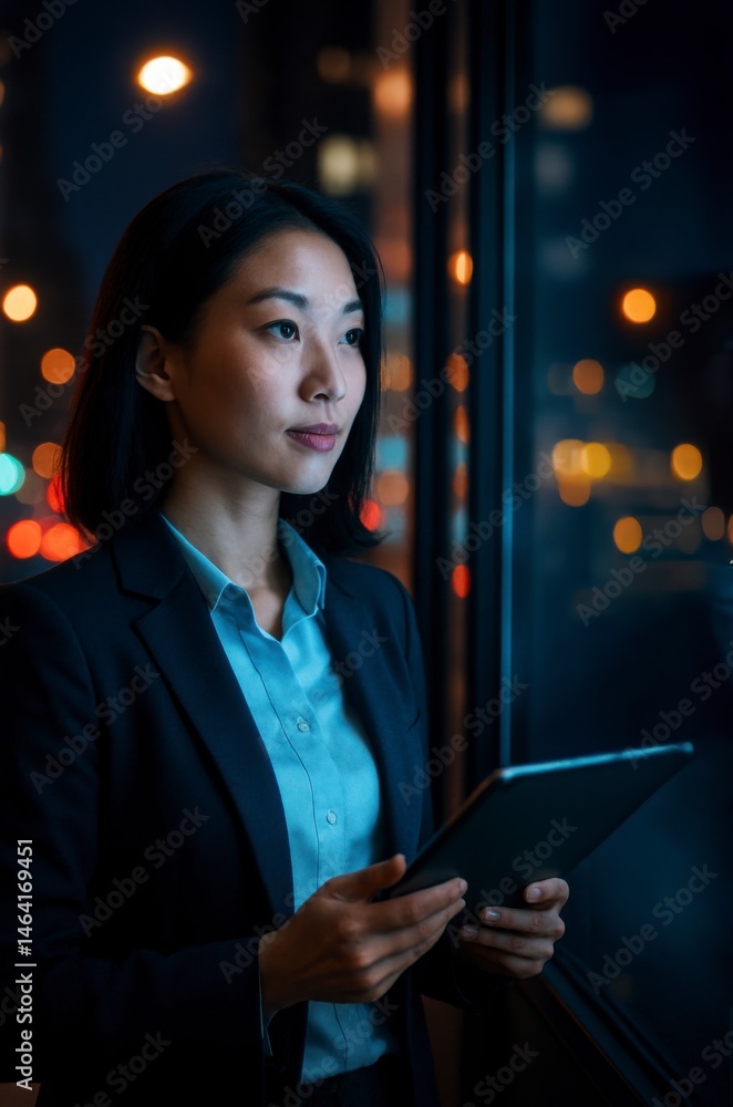 Professional woman engaged in business strategy discussion city skyline digital workspace evening close-up view empowerment