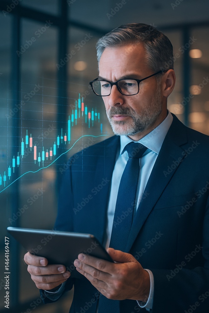 Business professional analyzing market trends office environment digital content urban view financial insight