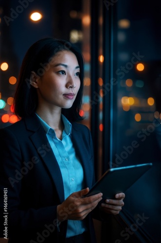 Obraz na płótnie Professional woman engaged in business strategy discussion city skyline digital workspace evening close-up view empowerment w salonie