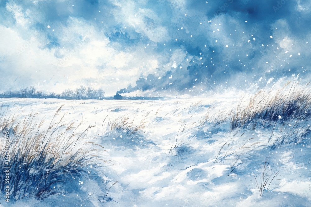 A snowy landscape with tall grasses, falling snow, distant trees, and a train emitting smoke under a dramatic winter sky.