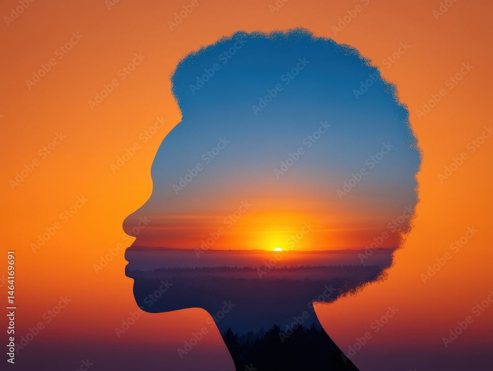 Surreal silhouette artwork capturing the essence of a person against a stunning sunset blending warm oranges and deep blues representing introspective contemplation and emotional harmony Surreal silhouette artwork capturing the essence of a person against a stunning sunset blending warm oranges and deep blues representing introspective contemplation and emotional harmony