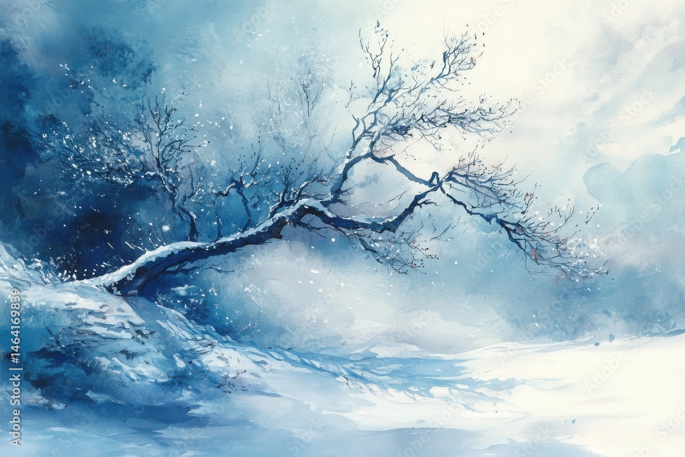A lone tree covered in snow stands against a cold, wintry landscape, painted in soft blue and white tones.