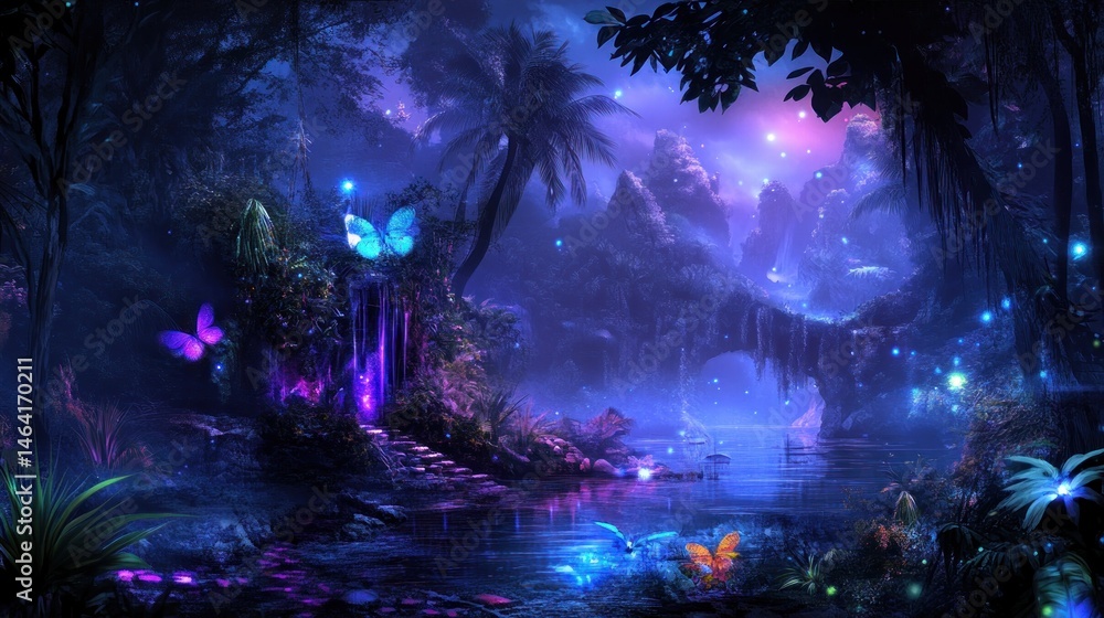 Fototapeta premium Enchanted Night in a Tropical Paradise: A Dreamlike Fantasy Landscape