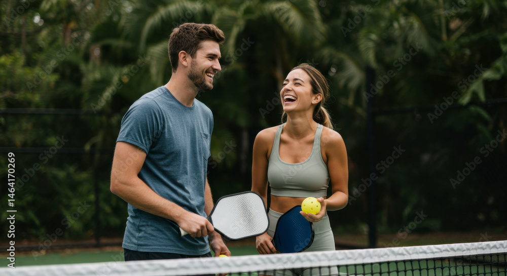 Joyful tennis match between friends outdoor court sports activity lush environment upbeat viewpoint fitness and fun
