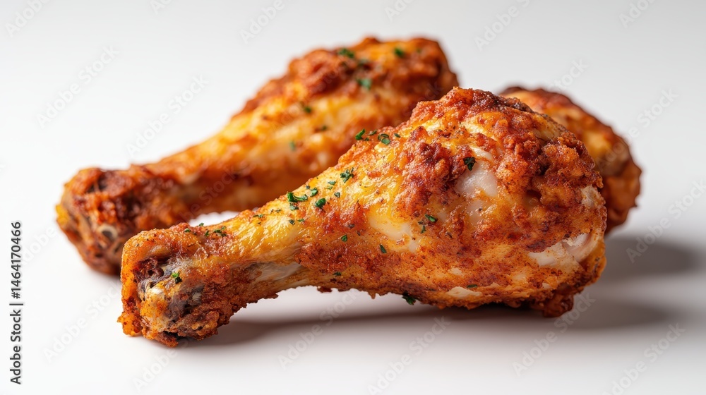 A collection of mouthwatering crispy fried chicken drumsticks arranged beautifully on a clean white plate, showcasing appetizing details and rich golden hues that tempt the senses. A collection of mouthwatering crispy fried chicken drumsticks arranged beautifully on a clean white plate, showcasing appetizing details and rich golden hues that tempt the senses.