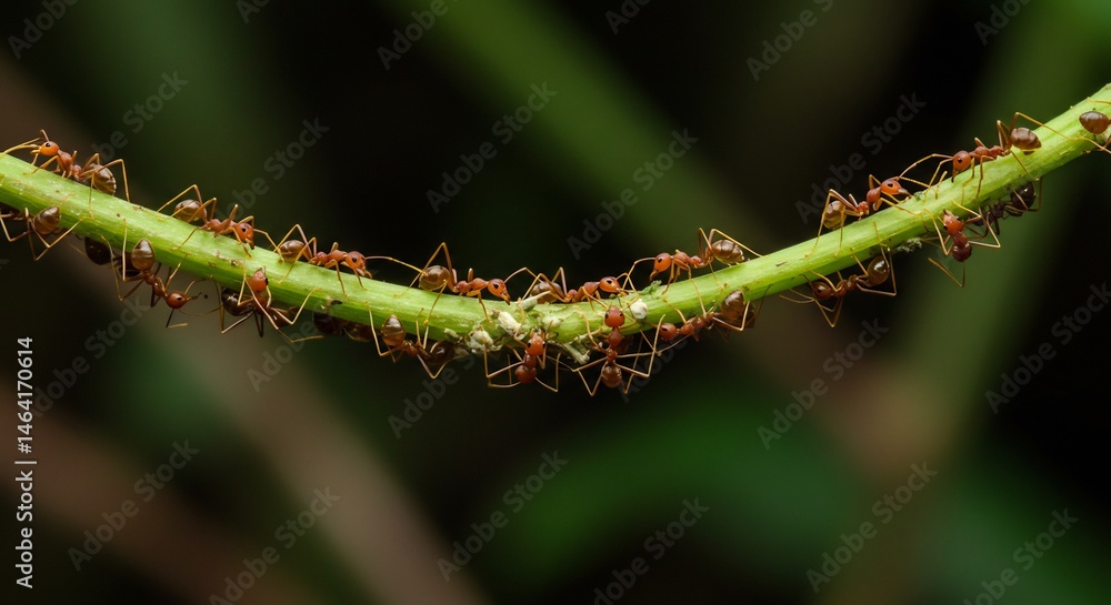 Fototapeta premium Ants Gathering on Green Vine in Close-up Macro View