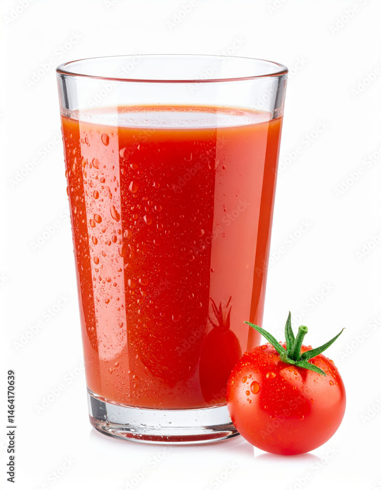 Glass of fresh tomato juice with a ripe tomato on white background Glass of fresh tomato juice with a ripe tomato on white background