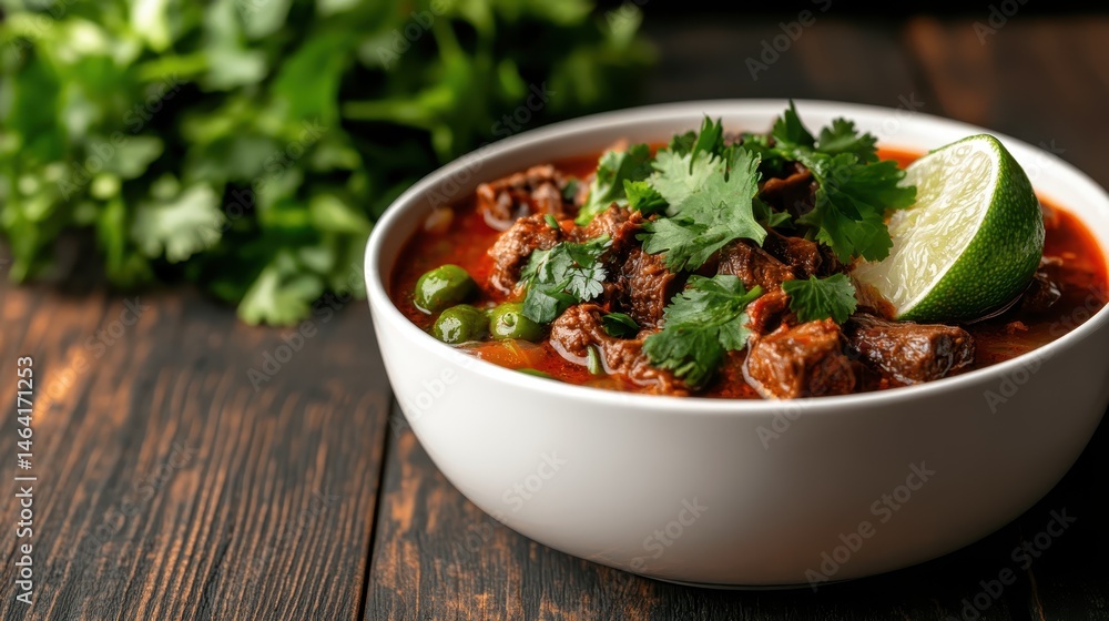 A hearty bowl of beef stew topped with fresh cilantro and lime showcases vibrant colors and rich textures, inviting flavor and warmth for a comforting meal experience. A hearty bowl of beef stew topped with fresh cilantro and lime showcases vibrant colors and rich textures, inviting flavor and warmth for a comforting meal experience.