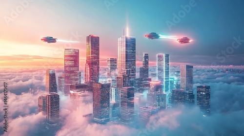Glowing futuristic city hovering above clouds advanced transportation flying between skyscrapers cinematic utopian skyline