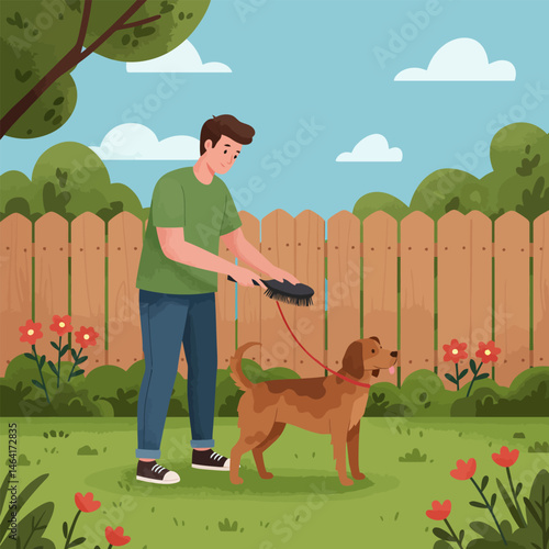 Man Brushing Pet Dog Outdoors in a Garden Setting
