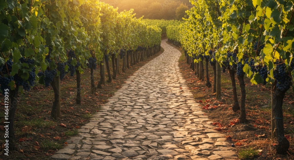 Naklejka premium Sunlit Vineyard Path with Ripe Grapes