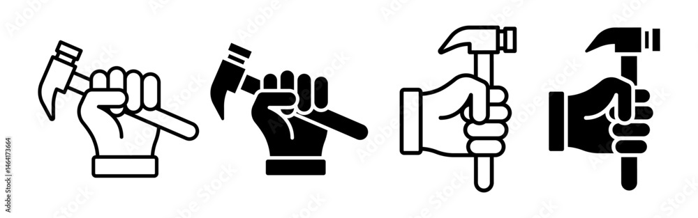 Obraz premium Vector isolated Hammer in Hand icon set in black outline and fill
