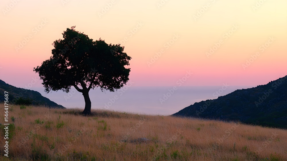 Solitary tree atop a hilltop field at dawn. Solitary tree atop a hilltop field at dawn.