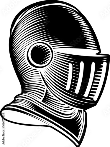 A knights helm medieval helmet in vintage woodcut etching engraved style