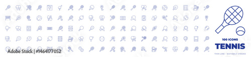 100 Tennis Icons Collection. Thin line icon. Editable stroke. racket, online shop, paddle, ping pong, net, trophy, tennis, table tennis, tennis ball, squash