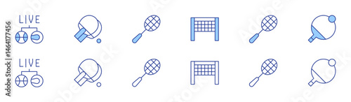 Tennis icon set in two styles, Duotone and Thin Line style. Editable stroke. livestreaming, net, pingpong, racket