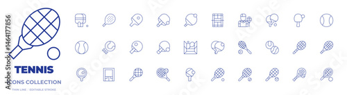 Tennis icons collection. Thin Line icons, editable stroke. ping pong, tennis, table tennis, tennis racket, tennis ball, tennis court, tennis player