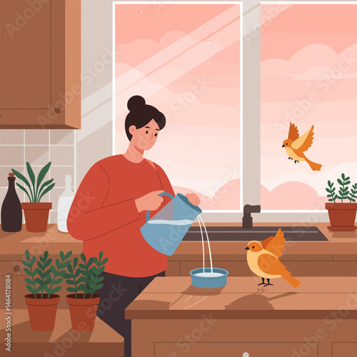 Person Pouring Water for Birds on Kitchen Counter Enjoying Nature