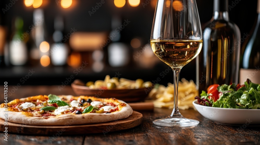 This mouth-watering image showcases a gourmet pizza paired with fine wine and fresh salad, elegantly arranged on a rustic wooden table, embodying culinary artistry and indulgence. This mouth-watering image showcases a gourmet pizza paired with fine wine and fresh salad, elegantly arranged on a rustic wooden table, embodying culinary artistry and indulgence.