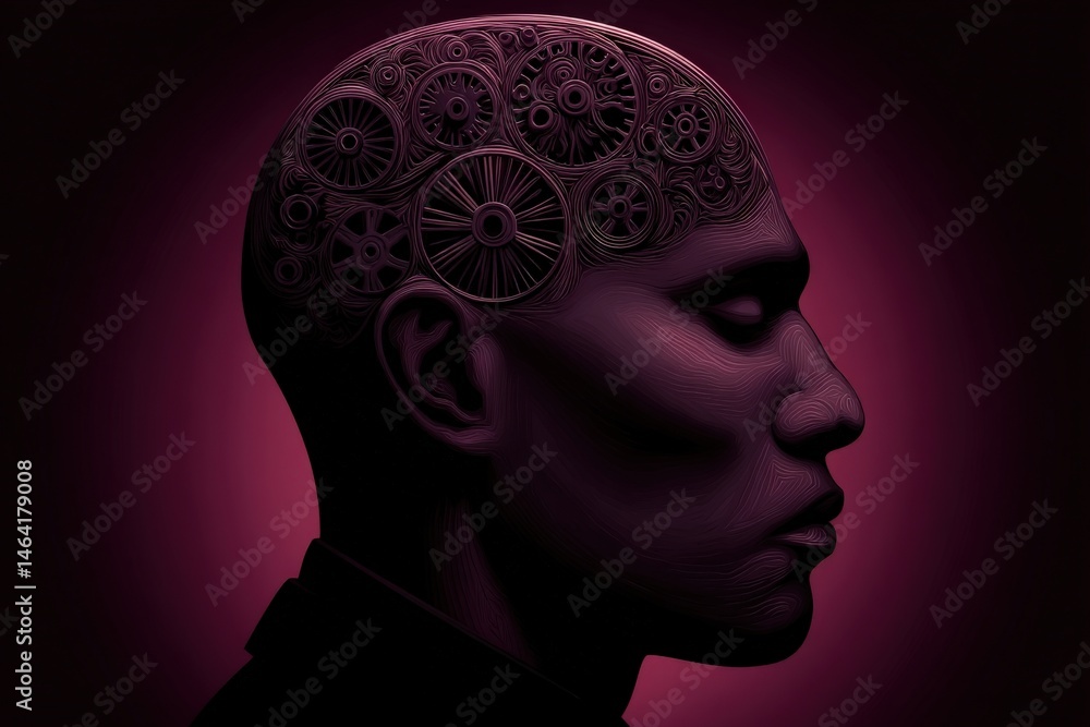 Obraz premium Profile view of a thoughtful individual with a mind of gears symbolizing intelligence creativity and complexity captured against a deep purple backdrop expressing innovative inspiration