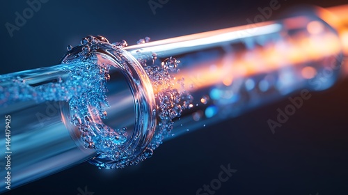 Water flowing through transparent pipe  blue glowing liquid abstract science technology