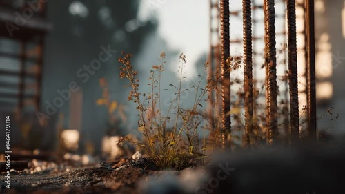 Wallpaper Mural Overgrown weeds and wildflowers thriving amidst abandoned construction site debris at sunrise Torontodigital.ca