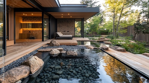 Indoor-Outdoor Seamless Zen Flow connecting a private bathhouse with hot stone walls to a reflective pool and wood walkway Transitional Zen Living Architecture Nature-Integrated Minimal Homes
