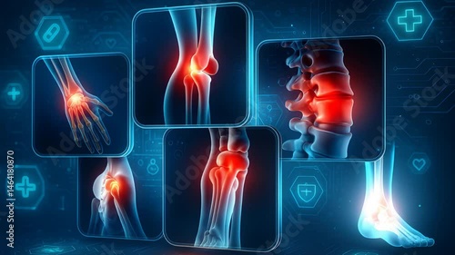 Highlighted Joint Pain Areas in Human Body X-Ray Scans Showing Inflammation in Spine, Knee, Wrist and Ankle


