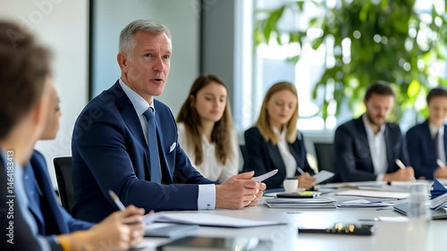 A mature businessman leads a corporate meeting, addressing a group of attentive colleagues seated around a large conference table.  Documents and technology are present