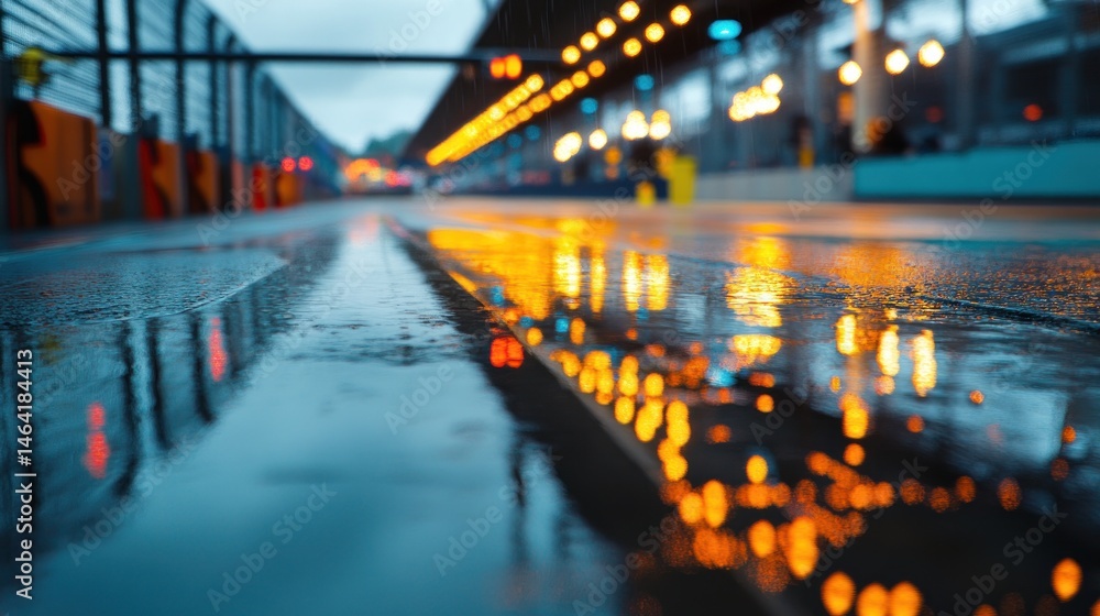 Wet platform at a train station at night, lights reflected in puddles Wet platform at a train station at night, lights reflected in puddles