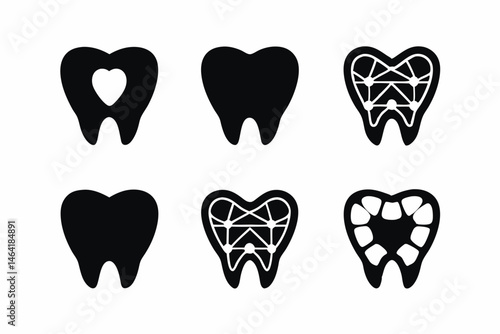 set of Tooth  Hearts Love Pattern icon silhouette vector illustration