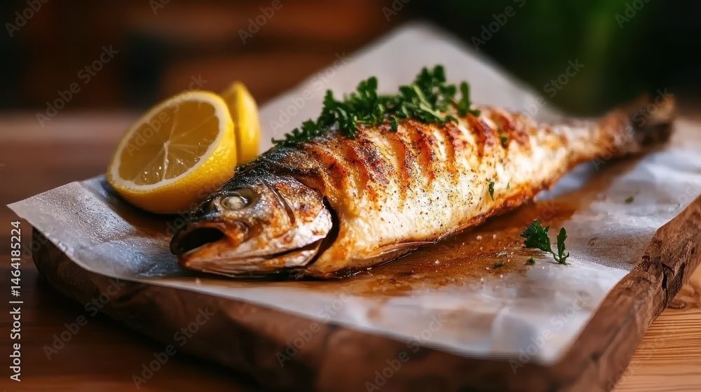 A beautifully grilled fish seasoned and garnished with lemon slices, showcasing the perfect capture of flavor and culinary artistry, making it an ideal dish for seafood lovers. A beautifully grilled fish seasoned and garnished with lemon slices, showcasing the perfect capture of flavor and culinary artistry, making it an ideal dish for seafood lovers.