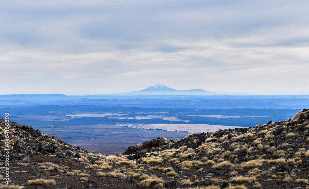 View of Mt Taranaki from Tongariro Alpine Crossing. Tongariro National Park. New Zealand.