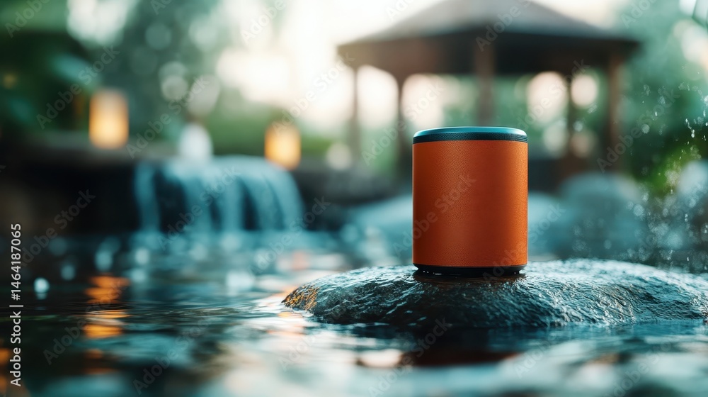 An energetic orange Bluetooth speaker resting on a stone in a serene water setting, symbolizing the blend of technology and nature in a vibrant atmosphere. An energetic orange Bluetooth speaker resting on a stone in a serene water setting, symbolizing the blend of technology and nature in a vibrant atmosphere.