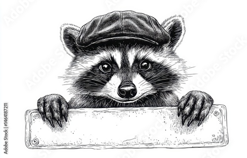 Raccoon with Cap and Blank Sign Perfect for Funny Illustrations