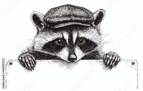 Charming Raccoon Peeking Over a Blank Sign in Vintage Hat Illustration