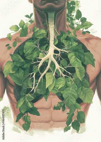 Human Anatomy Art with Lush Green Leaves Symbolizing Life Force