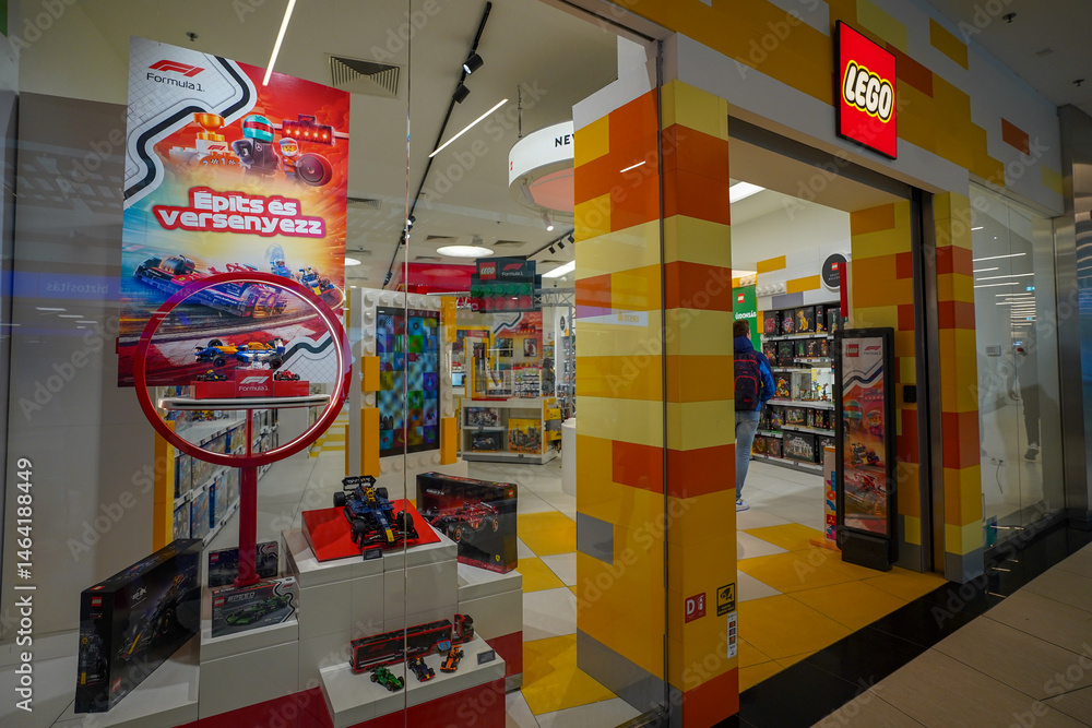 Naklejka premium Budapest, Hungary , 04 04 2025 : Lego store and collections on display