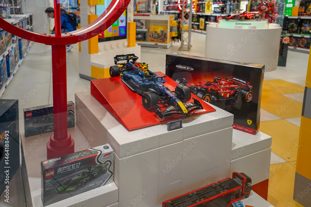 Naklejka premium Budapest, Hungary , 04 04 2025 : Lego store and collections on display