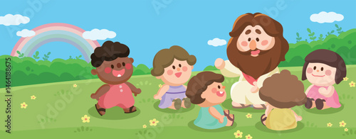 Cartoon Jesus Teaching Children in Nature – Cute Sunday School Illustration banner