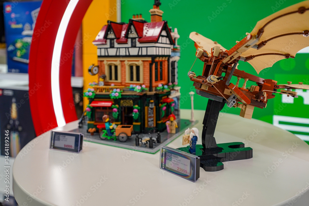 Naklejka premium Budapest, Hungary , 04 04 2025 : Lego store and collections on display
