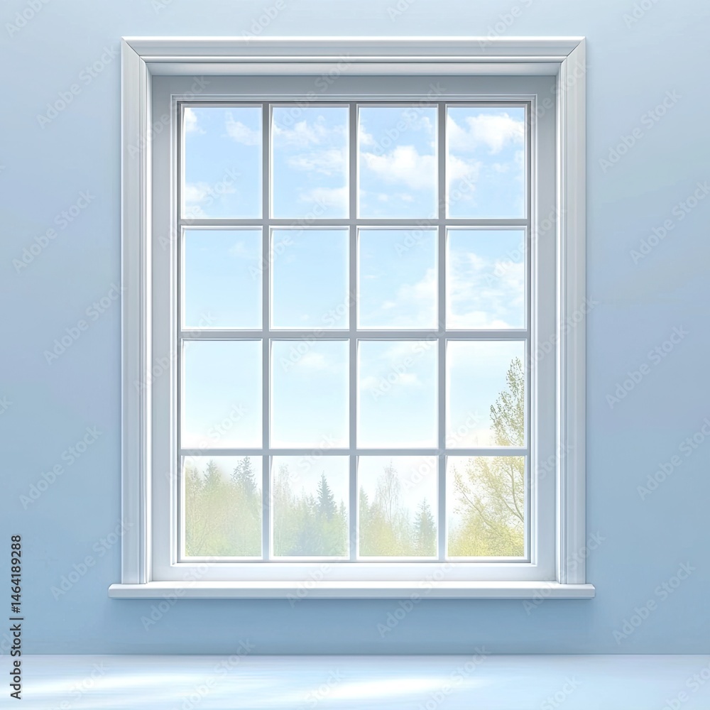 Light Blue Room with Window, Scenery Outside Light Blue Room with Window, Scenery Outside