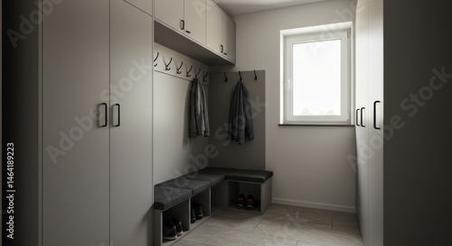 Sophisticated entryway design showcasing minimalist gray cabinetry and seating